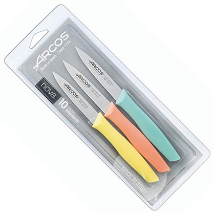  Paring Knife Set Of 3 Pieces 4 Inch Stainless Steel. Colorful Kitchen Knives For Peeling Fruits And Vegetables. Ergonomic Polypropylene Handle. Series Nova. Color Orange, Yellow And Blue.