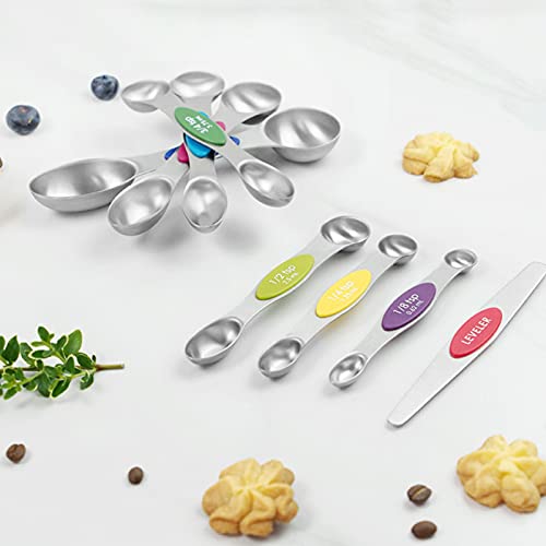  Magnetic Measuring Spoons Set - Stainless Steel Stackable Dual Sided Teaspoon Tablespoon For Measuring Dry And Liquid Ingredients, Measuring Spoons For Cooking & Baking, Fits In Spice Jars, Set Of 8