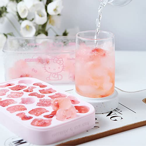  Hello Kitty Ice Cube Tray With Lid Container & Scoop, Easy-Release Silicone & Flexible 24pcs Cute Kitty Ice Cubes For Chingling Cocktail And Milk Tea (Pink)