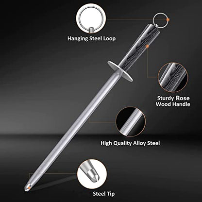  Knife Sharpener Rod,12" Honing Rod Commercial Grade Knife Sharpening Steel Rod Adopt 66HRC Hard Alloy Steel Material With Rosewood Handle For Kitchen Knives And Hunting Blade Sharpening