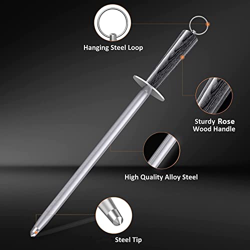  Knife Sharpener Rod,12" Honing Rod Commercial Grade Knife Sharpening Steel Rod Adopt 66HRC Hard Alloy Steel Material With Rosewood Handle For Kitchen Knives And Hunting Blade Sharpening