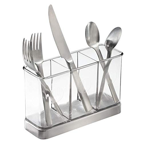  Plastic Cutlery Storage Organizer Caddy Bin For Kitchen Table, Cabinet Or Pantry - Holds Forks, Knives, Spoons, Serving Utensils - Indoor Or Outdoor Use, 3 Sections - Clear/Chrome