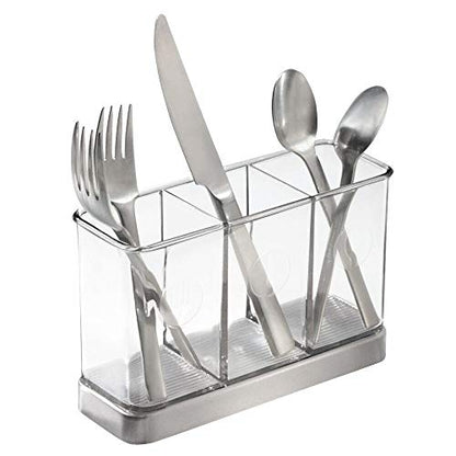  Plastic Cutlery Storage Organizer Caddy Bin For Kitchen Table, Cabinet Or Pantry - Holds Forks, Knives, Spoons, Serving Utensils - Indoor Or Outdoor Use, 3 Sections - Clear/Chrome