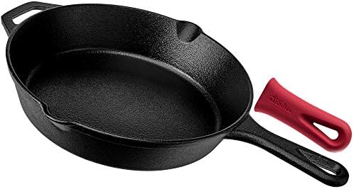  Ast Iron Skillet + Grill Press + Scraper Set - 10"-inch Pre-Seasoned Frying Pan + Silicone Handle Grip - 7" Round Burger Smasher - Indoor/Outdoor, Stove, Oven, Grill, Induction Safe Kitchen Cookware