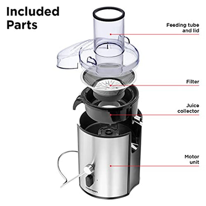 2-Speed Electric Juicer, Extra-Wide Feeding Tube For Whole Fruits, Make Nutritious Vegetable And Green Juice, Detachable 1-Quart Pitcher, Built-In Foam Separator, Dishwasher-Safe Parts