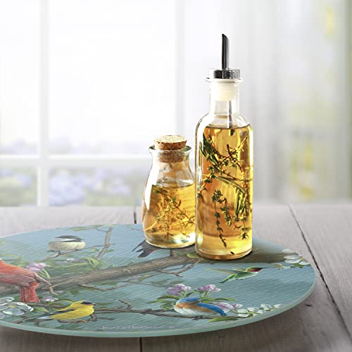  Art Beautiful Songbirds 4mm Heat Tolerant Tempered Glass Lazy Susan Turntable 13" Diameter Cake Plate Condiment Caddy Pizza Server