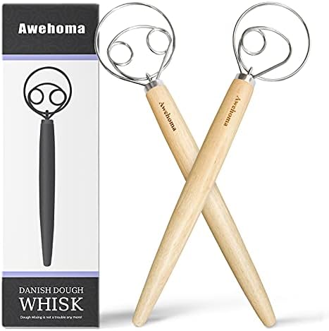  Danish Dough Whisk Large Hand Mixer - 2 Pack Large 13” Stainless Steel Wooden Danish Whisk With 2 Dough Scraper - Dutch Style Artisan Blender For Bread, Batter, Cake, Pastry - Gift For Bakers