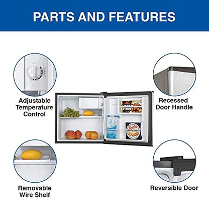  Stainless Steel Compact Fridge With Freezer, 1.6 Cubic Feet (44 L) Capacity For Snacks, Frozen Meals, Beverages, Juice, Beer, Den, Dorm, Office, Games Room, Or RV