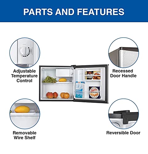  Stainless Steel Compact Fridge With Freezer, 1.6 Cubic Feet (44 L) Capacity For Snacks, Frozen Meals, Beverages, Juice, Beer, Den, Dorm, Office, Games Room, Or RV