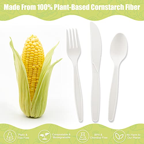  150 Count Compostable Cutlery Set, Disposable Biodegradable Utensils Eco-friendly Durable Cornstarch Flatware Includes 50 Forks, Knives & Spoons For Party, BBQ, Picnic & Potlucks (White)
