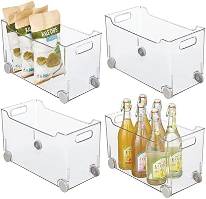  Plastic Storage Container Bin Box With Rolling Wheels And Handle For Kitchen Organization - Pantry, Cupboard, Cabinet Shelves, Or Under Sink - Lumiere Collection - Clear/Gray