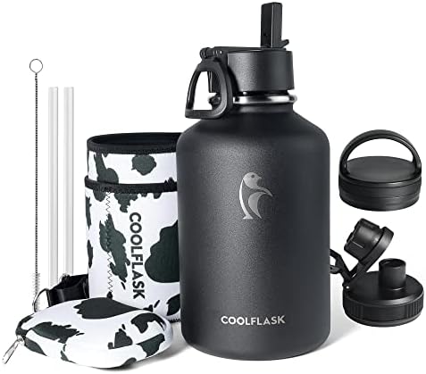  64 Oz Insulated Water Bottle With Strap & Sleeve, Half Gallon Water Jug 3 Lids Stainless Steel Multifunctional Flask BPA-Free, Keep 48H Cold 24H Hot, Compact Yoga/Gym Bottle, Black