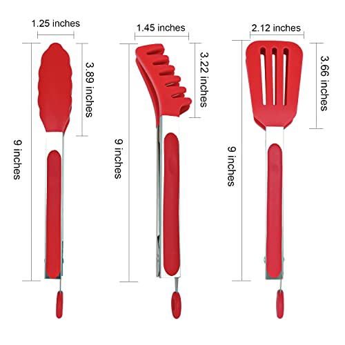  3 Pack Kitchen Tongs (9 Inches), Non Stick Stainless Steel Tongs With Silicone Tip For Cooking BBQ Baking(Red)