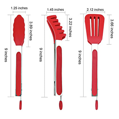  3 Pack Kitchen Tongs (9 Inches), Non Stick Stainless Steel Tongs With Silicone Tip For Cooking BBQ Baking(Red)