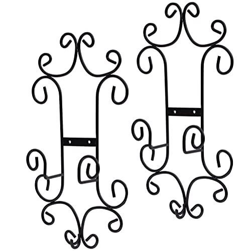  MyGift Wall Plate Display Holder, Set Of 2 - Vintage Scroll Work Style Black Metal Wall-Mounted Tea Cup And Saucer Hanging Rack, Holds Plates Up To 11 Inches