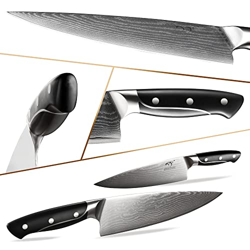  Damascus Kitchen Knife Set, XingRui Series 9 Pieces Damascus Knife Set With Block, Non-slip ABS Ergonomic Triple Rivet Handle For Chef Knives, Knife Sharpener And Kitchen Shears, Natural Wooden (Grey)