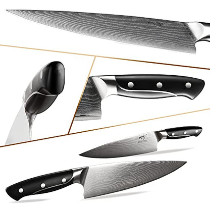  Damascus Kitchen Knife Set, XingRui Series 9 Pieces Damascus Knife Set With Block, Non-slip ABS Ergonomic Triple Rivet Handle For Chef Knives, Knife Sharpener And Kitchen Shears, Natural Wooden (Grey)