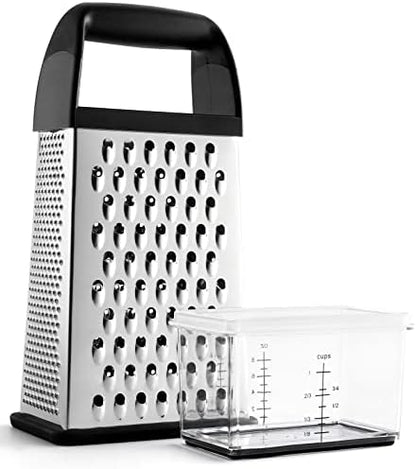  Professional Box Grater With Storage Container, Stainless Steel & Soft Grip Handle, 4 Sides, Handheld Kitchen Food Shredder Best For Parmesan Cheese, Vegetables, Ginger, 10" Mint
