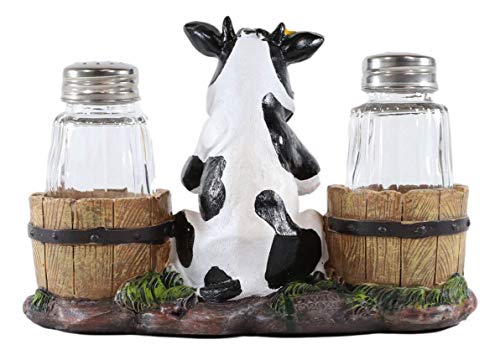  Lovely Sunflower Cow With Old Country Farm Milk Barrels Decorative Glass Salt Pepper Shakers Holder Resin Figurine 7" Wide