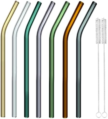  Colored Reusable Glass Straws, 8.7" X 8 Mm Healthy Straw For Beverages Tea Coffee, ECO Friendly - BPA Free, Pack Of 7 With 2 Cleaning Brush