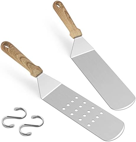  Metal Spatula Set, HaSteeL Stainless Steel Griddle Spatula Tools Kit With Wooden Handle, Heavy Duty Long Pancake Flipper Burger Turner For BBQ Teppanyaki Flat Top Grilling Cooking Outdoor & Indoor