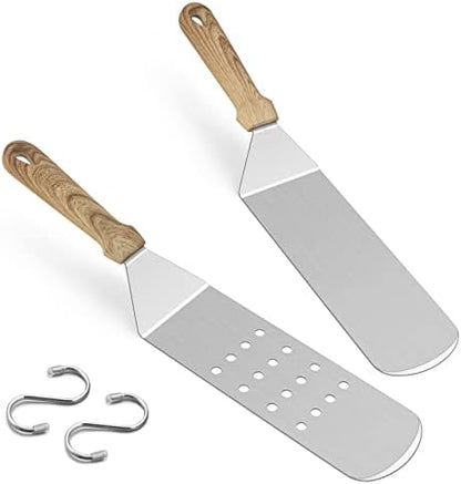  Metal Spatula Set, HaSteeL Stainless Steel Griddle Spatula Tools Kit With Wooden Handle, Heavy Duty Long Pancake Flipper Burger Turner For BBQ Teppanyaki Flat Top Grilling Cooking Outdoor & Indoor