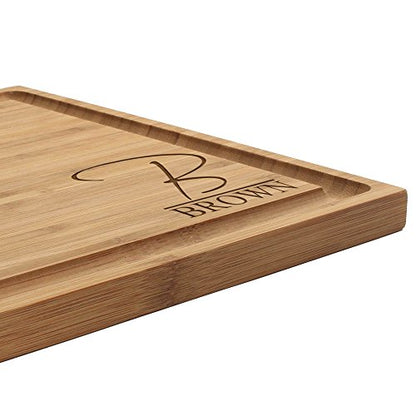  Custom Laser Engraved Bamboo Cutting Board - Letter Script Monogram Thin - 1 Piece - 11" X 11" X 0.75" (Grooved) - Customized Personalized Kitchen Gift For Couples, Weddings, Closing