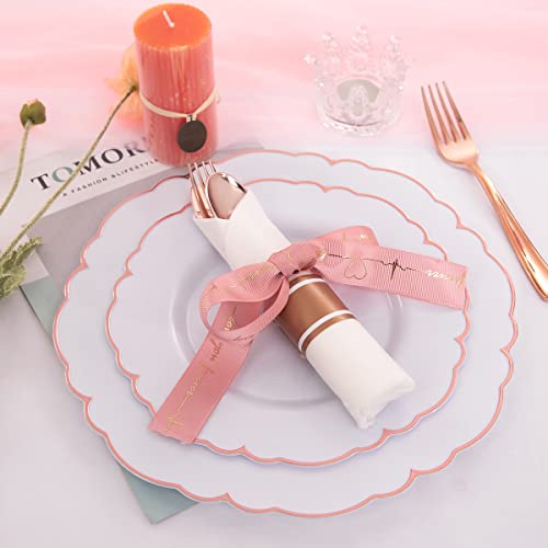  175PCS Rose Gold Plastic Plates - Baroque Rose Gold Disposable Plates Including 50 Rose Gold Party Plates, 25 Pack Rose Gold Pre Rolled Napkins And 25 Cups For Wedding & Party