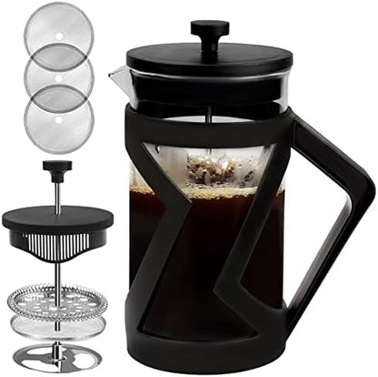  French Press Coffee Maker 12 Ounce Stainless Steel With Borosilicate Glass Heat Resistant 4 Level Filtration System For Brew Coffee & Tea Dishwasher Safe 350ml (12oz, Stainless Black)