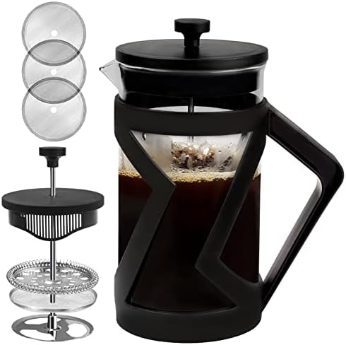  French Press Coffee Maker 12 Ounce Stainless Steel With Borosilicate Glass Heat Resistant 4 Level Filtration System For Brew Coffee & Tea Dishwasher Safe 350ml (12oz, Stainless Black)