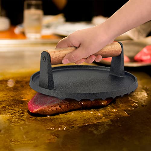  Cast Iron Burger Press, 7 Inch Round Heavy Duty Bacon Meat Steak Grill Press With Wooden Handle, Heat Proof, Rust Resistance, Griddle Accessorie Burger Smasher For BBQ Flat Top Teppanyaki