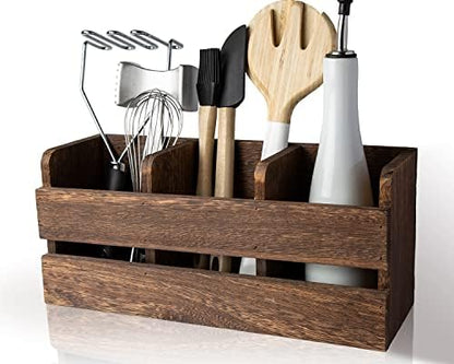  Farmhouse Utensil Organizer For Kitchen Countertop - Wooden Utensil Crock With 3 Large Storage Compartments & Hanging Option - Rustic Spatula Holder Caddy In Distressed White - Size