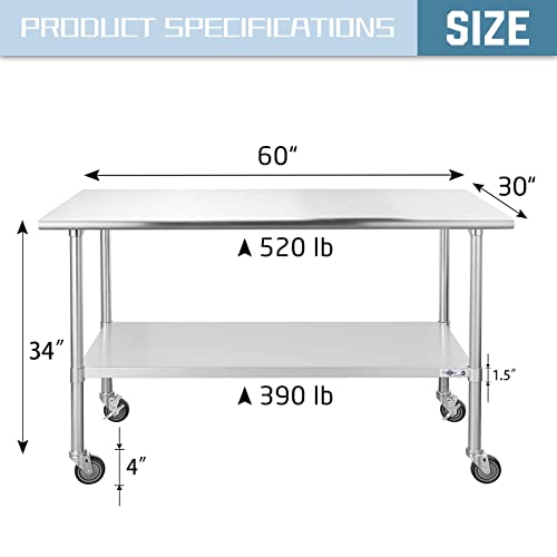  Ally Stainless Steel Table For Prep & Work 30 X 60 Inches With Caster Wheels, NSF Commercial Heavy Duty Table With Undershelf And Galvanized Legs For Restaurant, Home And Hotel