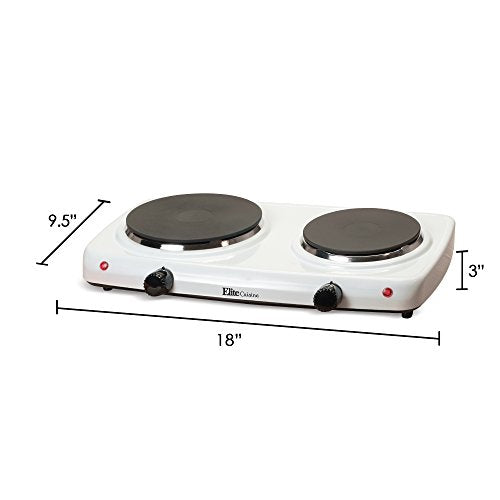  Cuisine EDB-302F Double Countertop Portable Buffet Burner Electric Hot Plate, Dual Temperature Controls, Flat Cast Iron Heating Plates, Power Indicator Lights, Easy To Clean, 1440 Watts, White