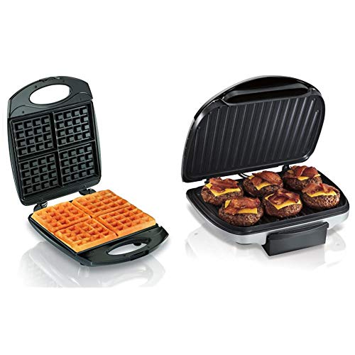 Hamilton Beach 4-Slice Non-Stick Belgian Waffle Maker With Indicator Lights, Compact Design, Black (26020) & Beach Electric Indoor Grill, 6-Serving, Nonstick Easy Clean Plates, Silver (25371)