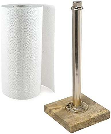  Industrial Brass Metal Pipe Paper Towel Holder Stand Kitchen Countertop Paper Towel Dispenser With Torched Solid Wood Base