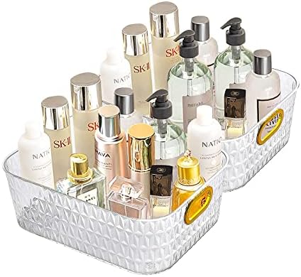  2 Pack Open Compartment Clear Plastic Organizer, Rectangular Makeup And Vanity Storage Bin And Pantry Caddy With Pass-Through Handles For Bathroom Kitchen Refrigerator Organizers And Storage