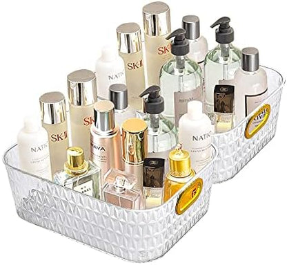  2 Pack Open Compartment Clear Plastic Organizer, Rectangular Makeup And Vanity Storage Bin And Pantry Caddy With Pass-Through Handles For Bathroom Kitchen Refrigerator Organizers And Storage