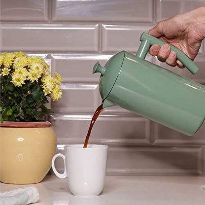  Double-Walled Stainless Steel French Press Coffee Maker, Dilly Bean Green, 34 Fl Oz.