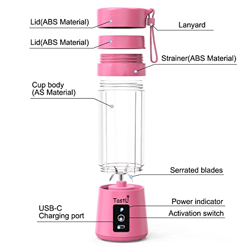  Portable Blender, Personal Mini Bottle Travel Electric Smoothie Blender Maker Fruit Juicer Cup, With 13oz Bottles, 6 Blades And USB Rechargeable Batteries For Juice Shakes And Smoothies (Pink)