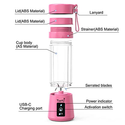  Portable Blender, Personal Mini Bottle Travel Electric Smoothie Blender Maker Fruit Juicer Cup, With 13oz Bottles, 6 Blades And USB Rechargeable Batteries For Juice Shakes And Smoothies (Pink)
