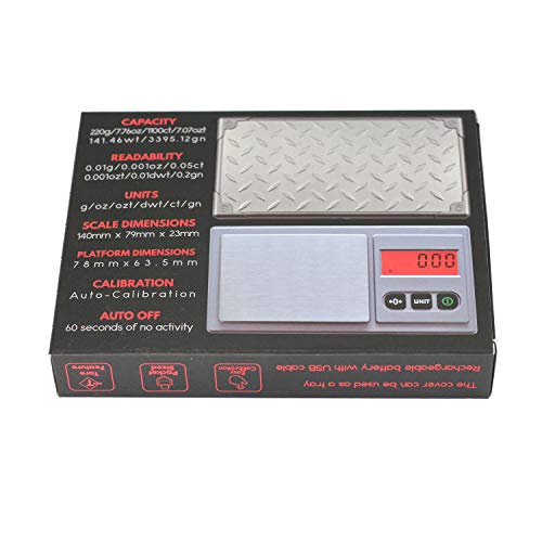 Scale 220g/ 0.01g, Digital Pocket Scale 100g Calibration Weight,Mini Jewelry Scale, Kitchen Scale,6 Units Conversion, Tare & LCD Display, Auto Off, Rechargeable Battery