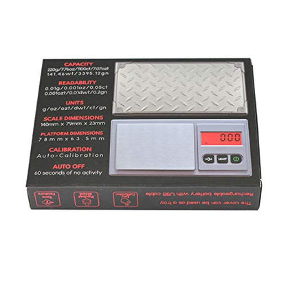  Scale 220g/ 0.01g, Digital Pocket Scale 100g Calibration Weight,Mini Jewelry Scale, Kitchen Scale,6 Units Conversion, Tare & LCD Display, Auto Off, Rechargeable Battery