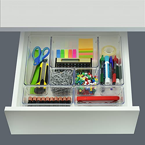  Desk Drawer Organizer Box Tray Storage Bins Modular Divider For Home, Kitchen, Office And Storage (Clear Crystal Plastic) (7 Pack - 4 Sizes)