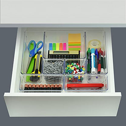  Desk Drawer Organizer Box Tray Storage Bins Modular Divider For Home, Kitchen, Office And Storage (Clear Crystal Plastic) (7 Pack - 4 Sizes)