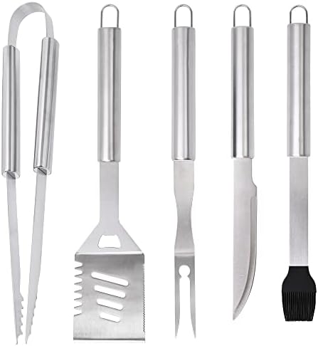  Grill Accessories Set, Stainless Steel BBQ Accessories, Heavy Duty Outdoor Barbeque Tools, 5Pc, Includes Kitchen Spatula, Tongs, Carving Fork, Knife, Basting Brush, Gifts For Man Dad