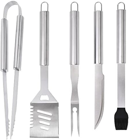  Grill Accessories Set, Stainless Steel BBQ Accessories, Heavy Duty Outdoor Barbeque Tools, 5Pc, Includes Kitchen Spatula, Tongs, Carving Fork, Knife, Basting Brush, Gifts For Man Dad