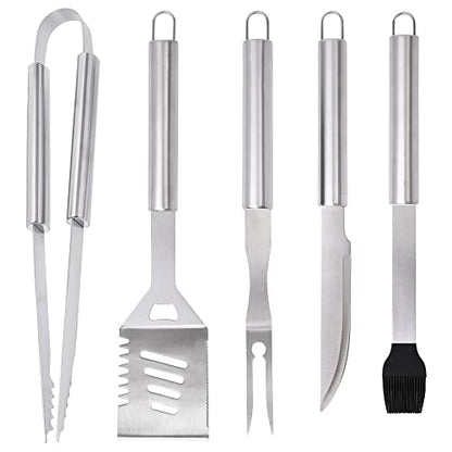  Grill Accessories Set, Stainless Steel BBQ Accessories, Heavy Duty Outdoor Barbeque Tools, 5Pc, Includes Kitchen Spatula, Tongs, Carving Fork, Knife, Basting Brush, Gifts For Man Dad