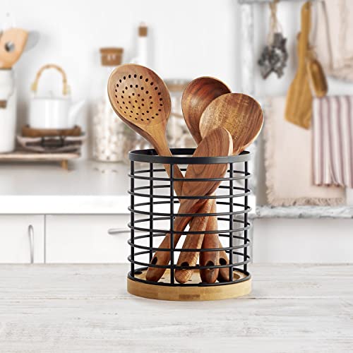  Utensil Holder For Kitchen Counter - 5.2" X 5.2" X 6" Large Round Utensils Holder With Wooden Base Matte Black Cooking Utensil Holder，Kitchen Countertop Utensil Organizer (Metal+Bamboo)