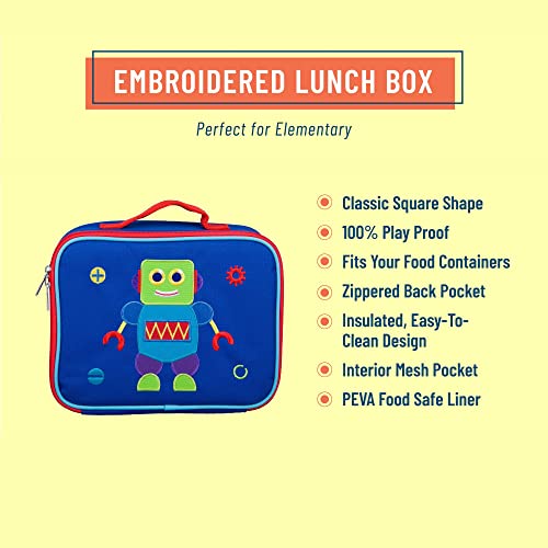  Kids Insulated Embroidered Lunch Box Bag For Boys & Girls, Measures 10 X 7.5 X 4 Inches Lunch Box For Kids, Ideal For Packing Hot Or Cold Snacks For School & Travel (Robot)